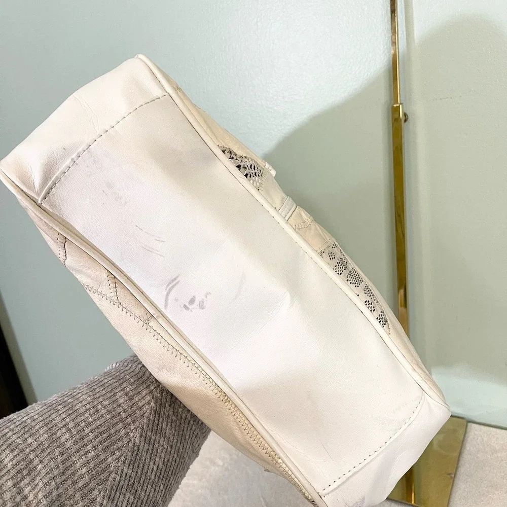 Leather Shoulder Bag Women's Cream White Genuine Leather Patches Satchel  Bag
